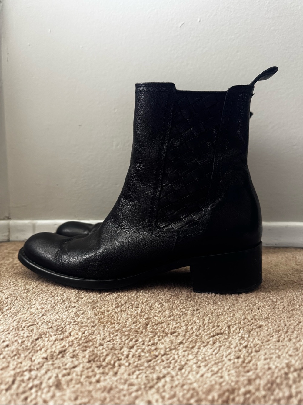 Women's Black Leather Ankle Booties with Woven Elastic Panel